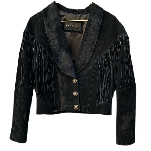 Vintage Jackets & Blazers - SAGUARO 100% SUEDE LEATHER CROPPED JACKET W/ FRINGE + BEADING + SILVER BUTTONS